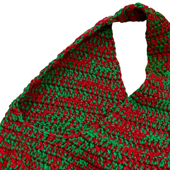 Handcrafted Red Green Crochet Bag Hand Crafted Knit Shoulder Bag Christmas Tote - Picture 9 of 12